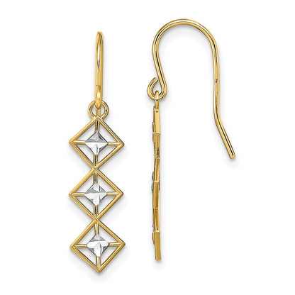 14k Yellow Gold Rhodium Fancy Diamond-cut Dangle Wire Earrings