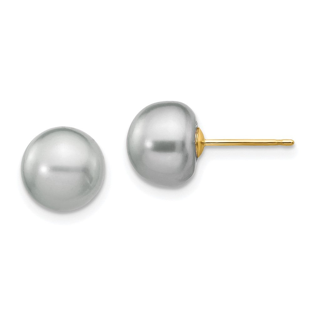 14k Yellow Gold 8-9mm Grey Button Freshwater Cultured Pearl Stud Earrings