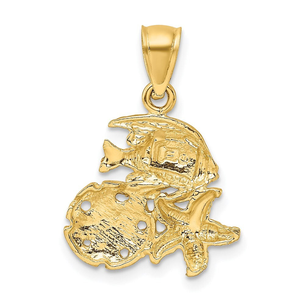 14k Yellow Gold Satin Diamond-cut Fish, Starfish and Sand Dollar Pendant