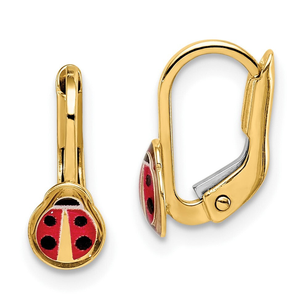 14k Yellow Gold Children's Enamel Ladybug Dangle Earrings Leverback