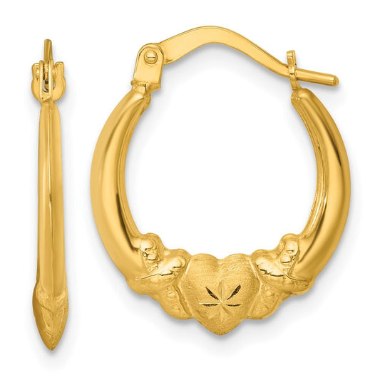 14k Yellow Gold Polished Brushed and Diamond-cut Heart Hoop Earrings
