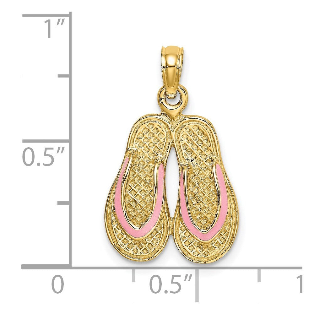 14k Yellow Gold 3D  Pink Enamel Double Flip-Flop Charm Pendant for Women