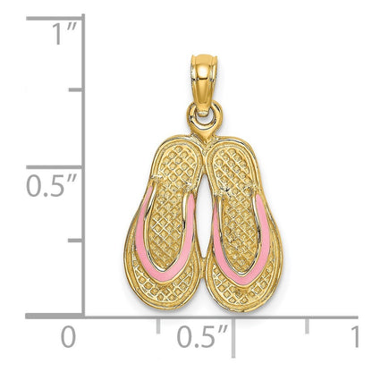 14k Yellow Gold 3D  Pink Enamel Double Flip-Flop Charm Pendant for Women