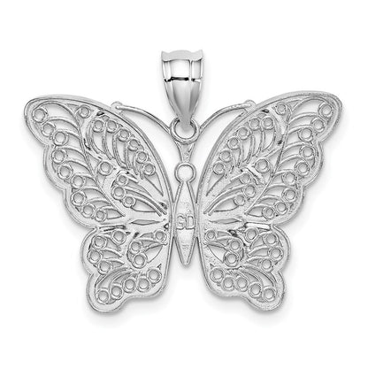 14k White Gold Yellow Rhodium Polished Filigree Butterfly Pendant for Women