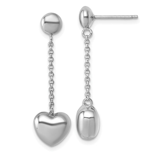 Sterling Silver Rhodium-plated Polished Puffed Heart Dangle Earrings