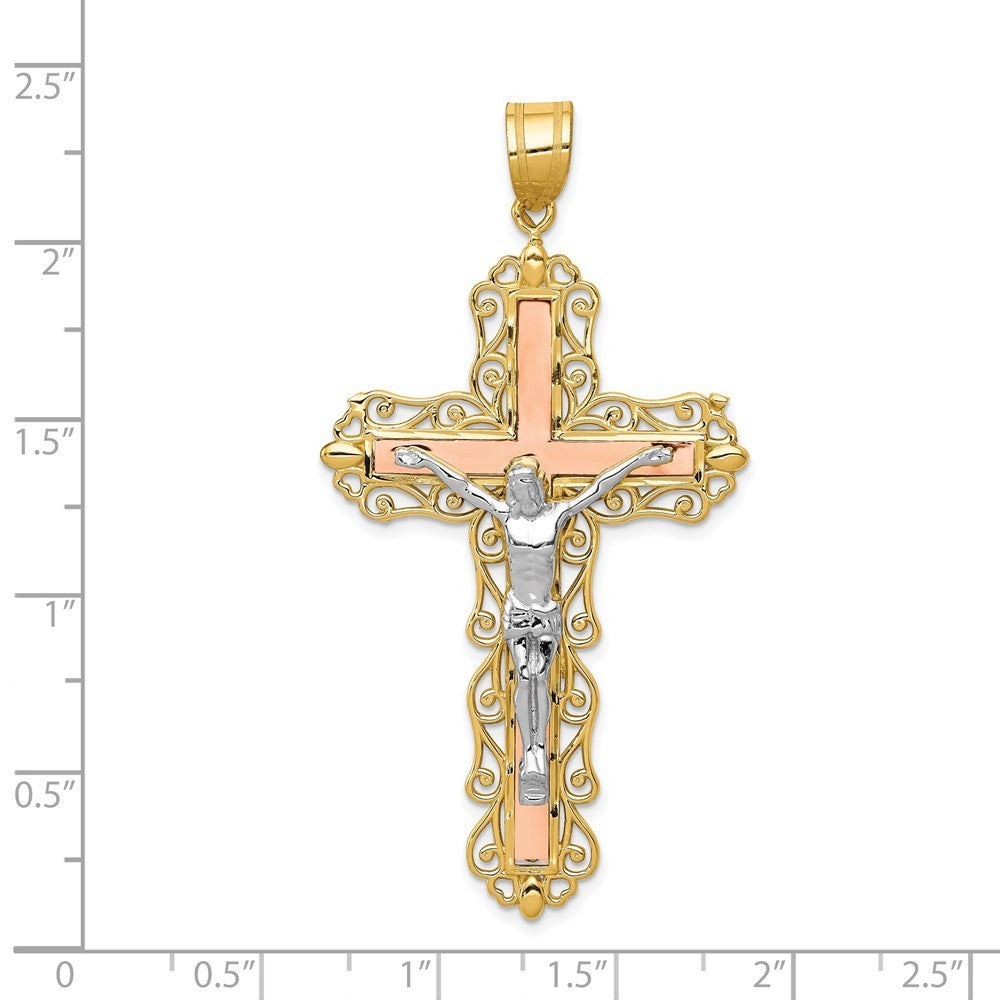 14K Tri-Color Gold Diamond-cut Crucifix Pendant