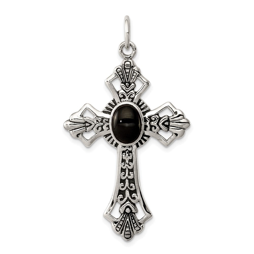 Sterling Silver Onyx Antiqued Cross Pendant Holiday Gift for Women