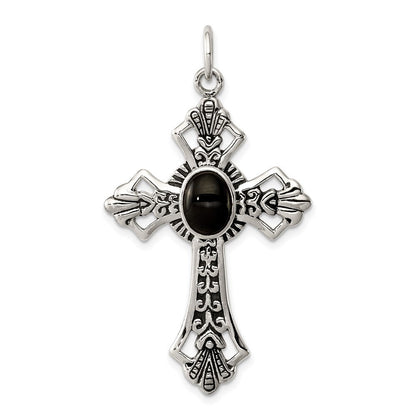 Sterling Silver Onyx Antiqued Cross Pendant Holiday Gift for Women