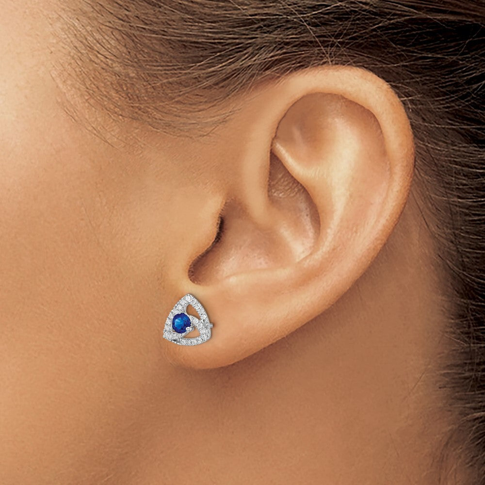 14k White Gold Diamond and Blue Sapphire Triangle Stud Earrings
