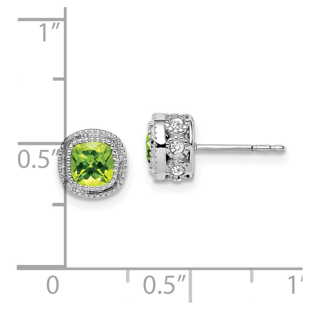 14k White Gold Cushion Peridot and Diamond Stud Earrings