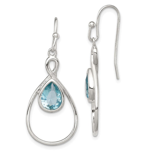 Sterling Silver RH-plated Polished Blue Glass Teardrop Dangle Earrings