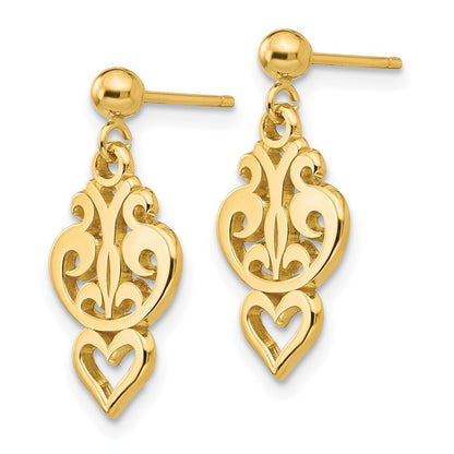14k Yellow Gold Polished Filigree Fancy Heart Dangle Earrings Gift for Women