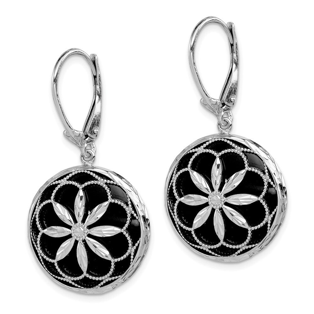 Sterling Silver Beaded Filigree Diamond Cut Starburst Onyx Dangle Earrings