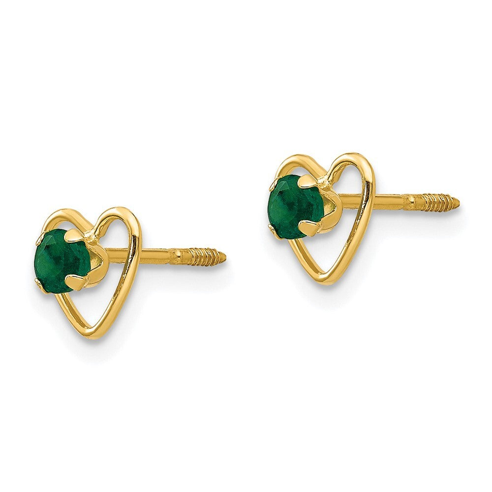 14k Yellow Gold 3mm Created Emerald Birthstone Heart Stud Earrings