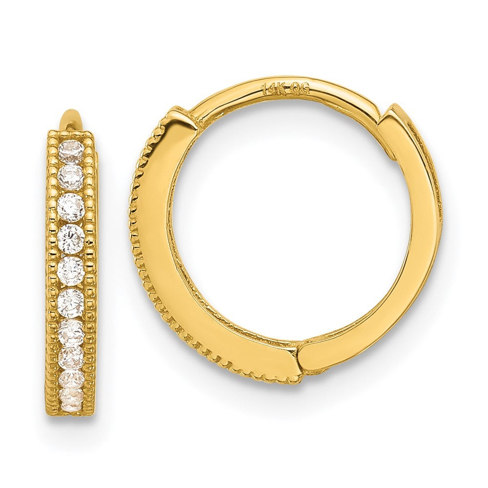 14k Yellow Gold Polished CZ 2mm Hinged Huggie Hoop Earrings
