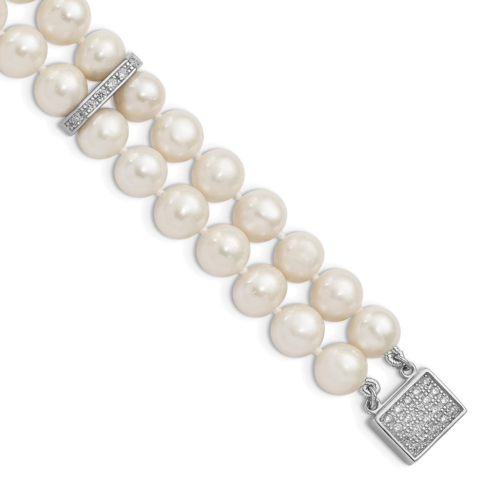 Sterling Silver 7-8mm White Near-round Cultured Pearl & CZ 2-Strand 7" Bracelet