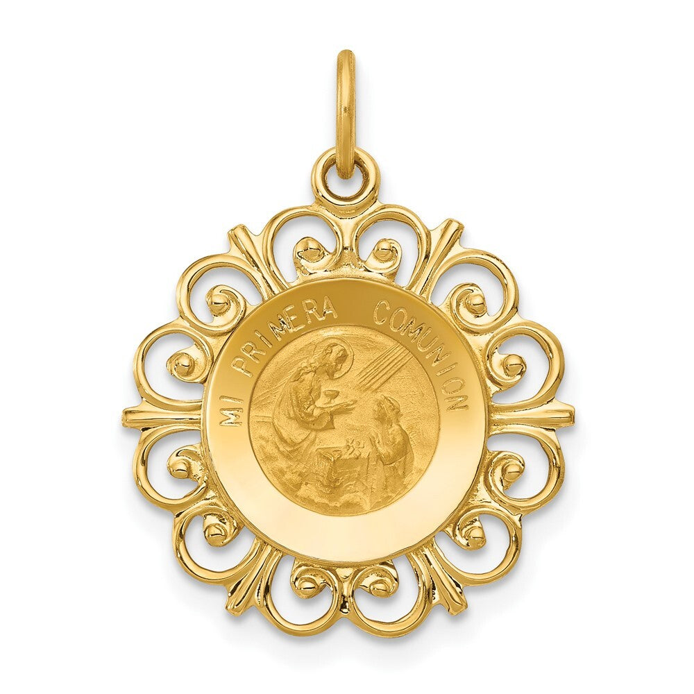 14k Yellow Gold Polished/Satin Spanish 1st Communion Medal Hollow Pendant