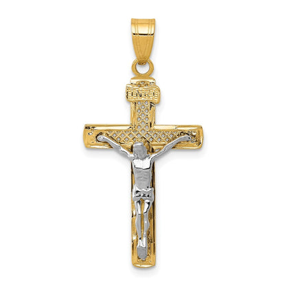 14k Two-tone Gold Diamond-cut Lattice Cross Crucifix Pendant