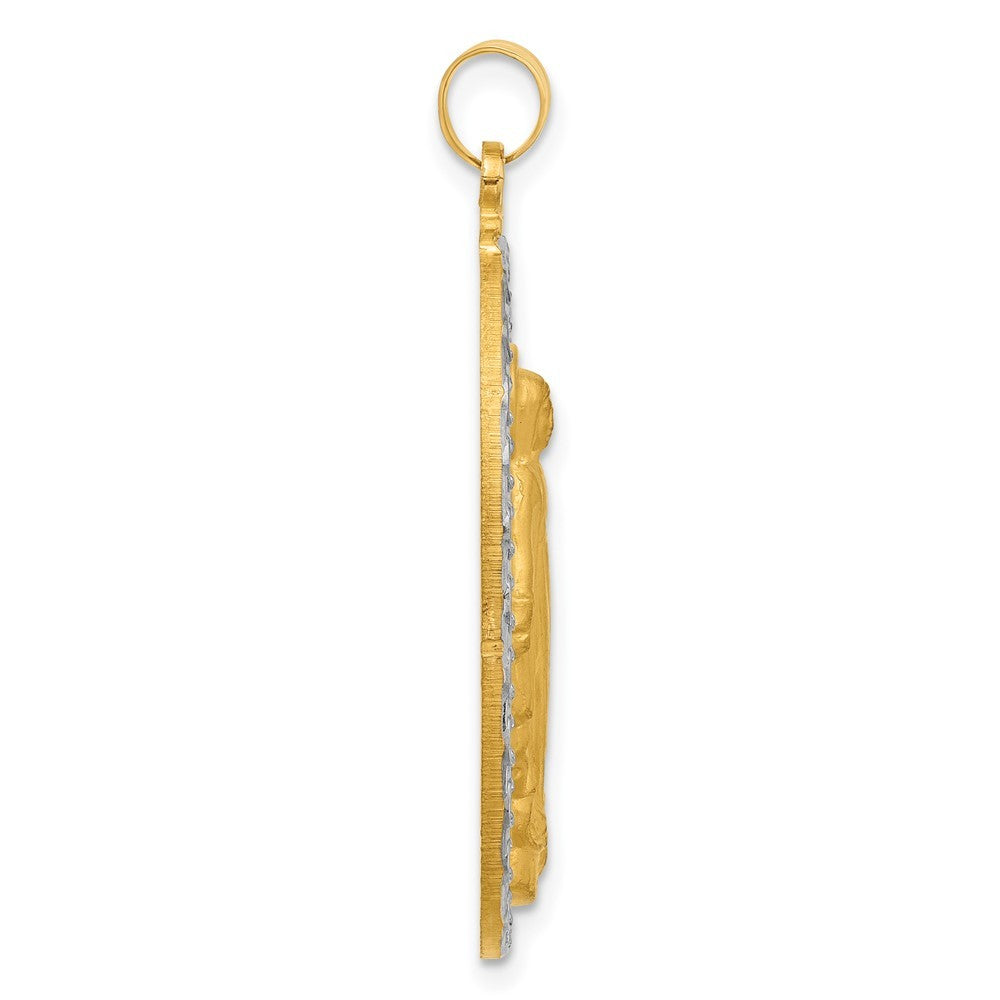 14k Yellow Gold with Rhodium Satin Polished Miraculous Medal Solid Oval Pendant