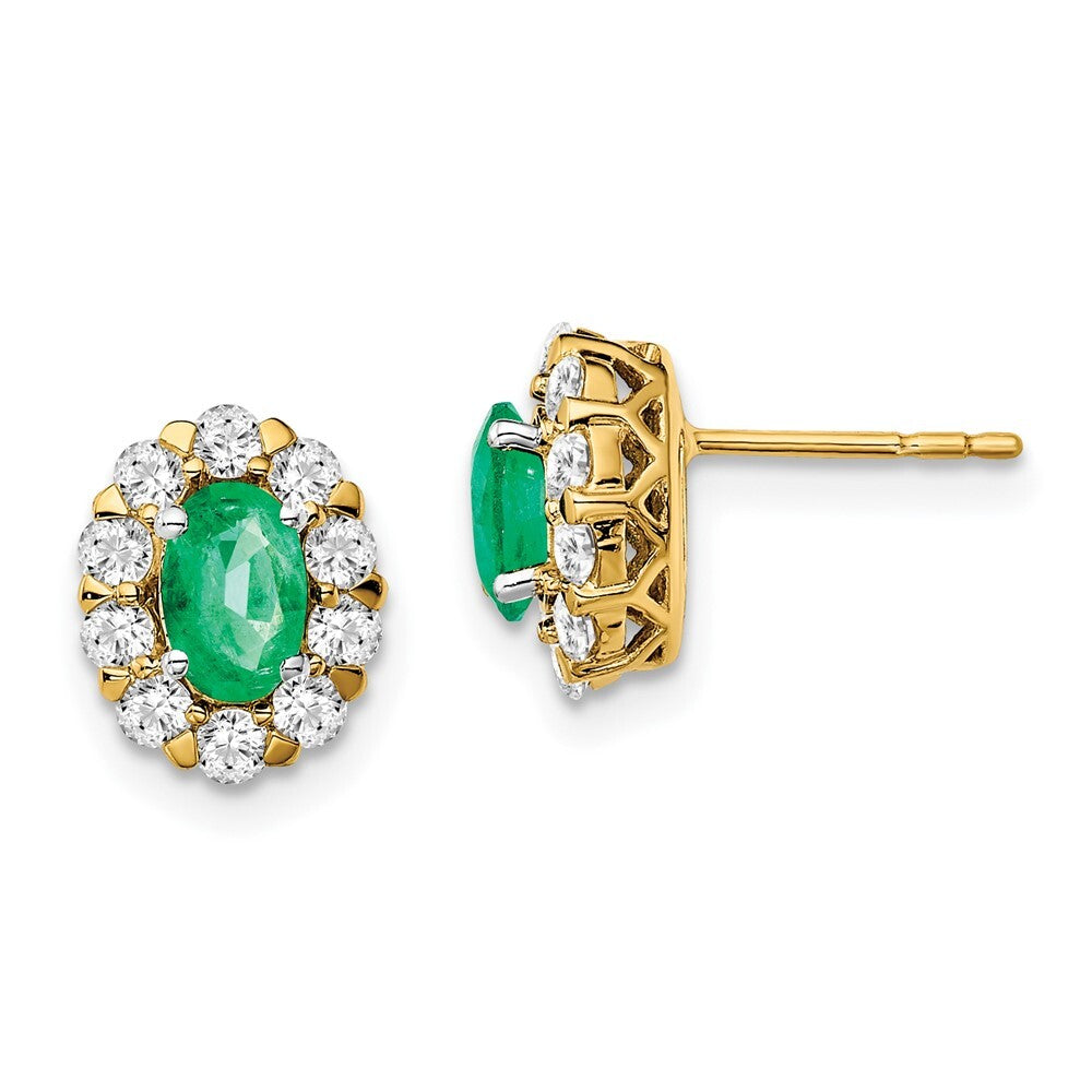 14k Yellow Gold Oval Emerald and Diamond Halo Stud Earrings