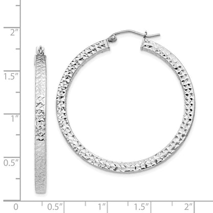 Sterling Silver Rhodium-plated Diamond-cut 3x40mm Square Tube Hoop Earrings