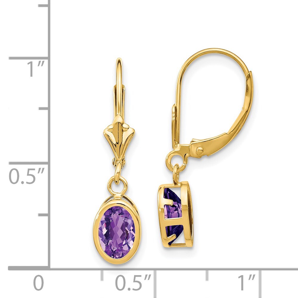 14k Yellow Gold 7x5mm Oval Amethyst Leverback Earrings Gift for Women