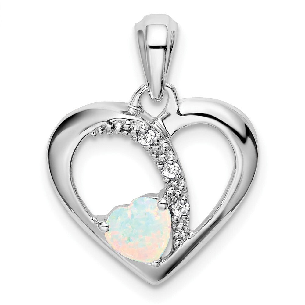 14k White Gold Created Opal and Diamond Heart Pendant for Women