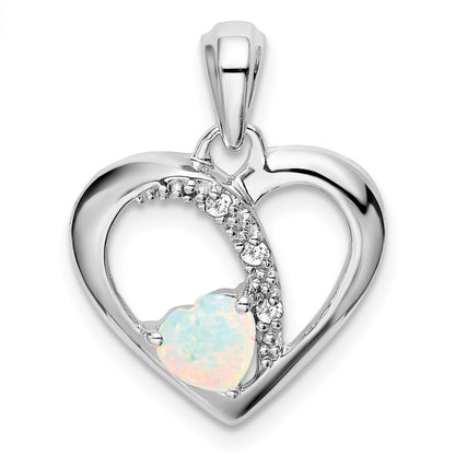 14k White Gold Created Opal and Diamond Heart Pendant for Women