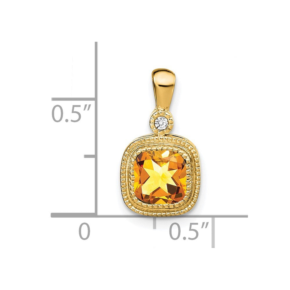 14k Yellow Gold 6mm Cushion Citrine and Diamond Pendant