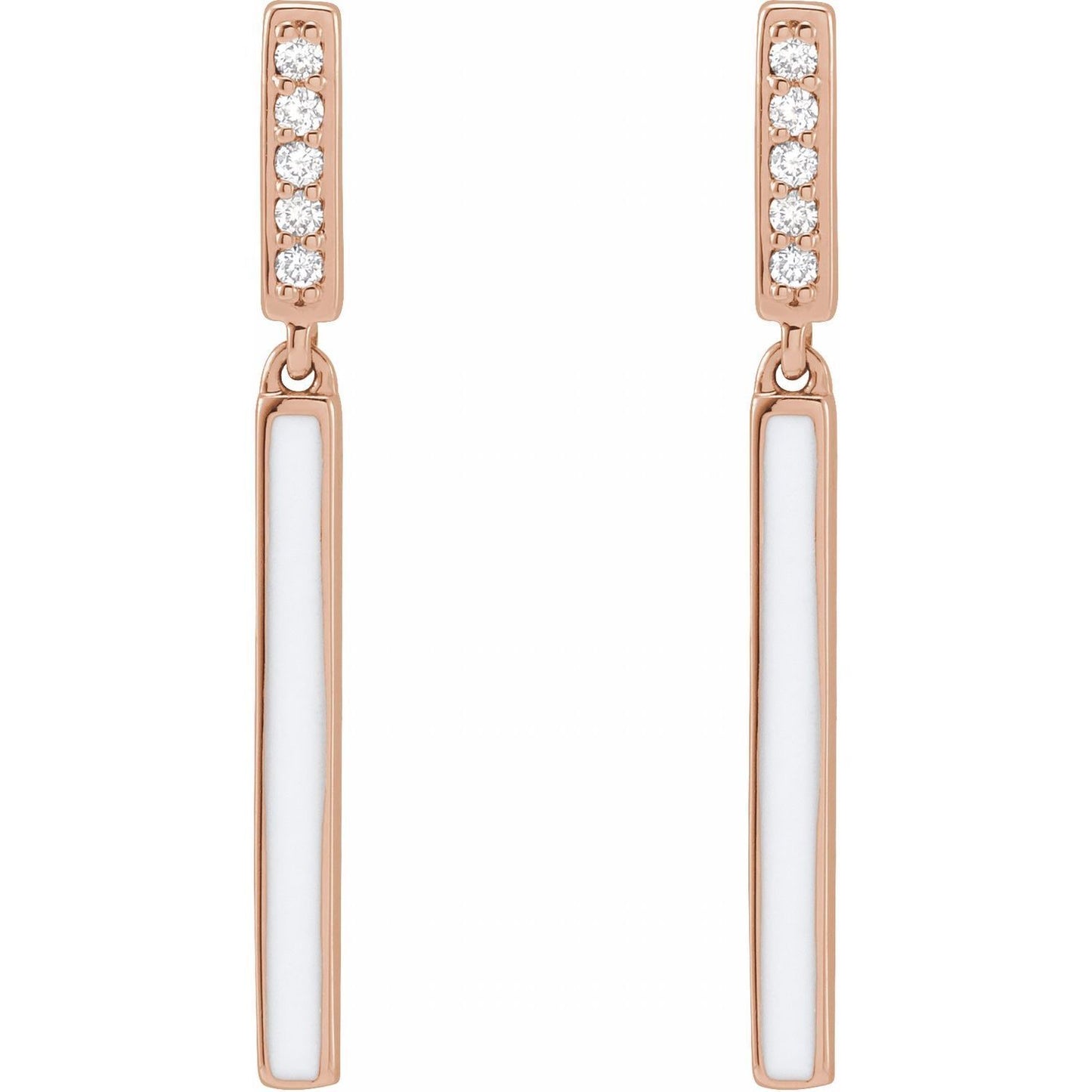 14k Rose Gold .06 CTW Natural Diamond and White Enamel Bar Stud Earrings