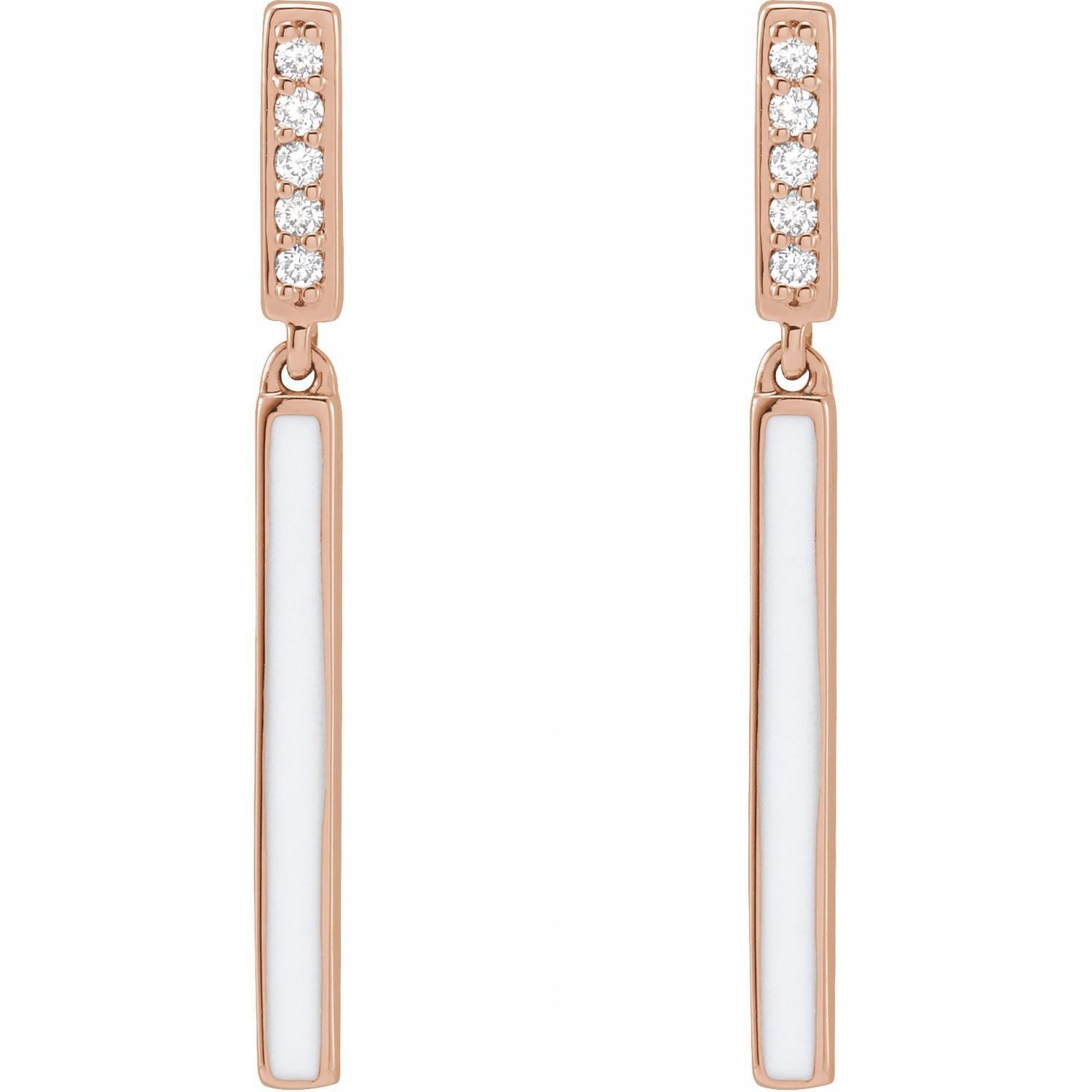 14k Rose Gold .06 CTW Natural Diamond and White Enamel Bar Stud Earrings