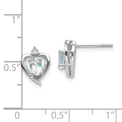 14k White Gold Aquamarine and Diamond Heart Stud Earrings Gift for Women