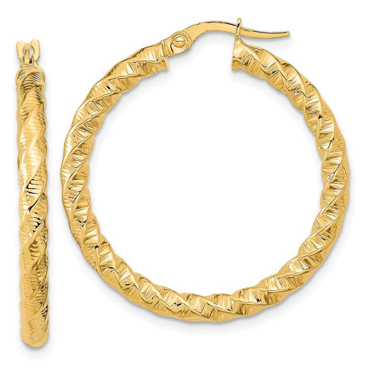 14k Yellow Gold Polished 3mm Twisted Hoop Earrings