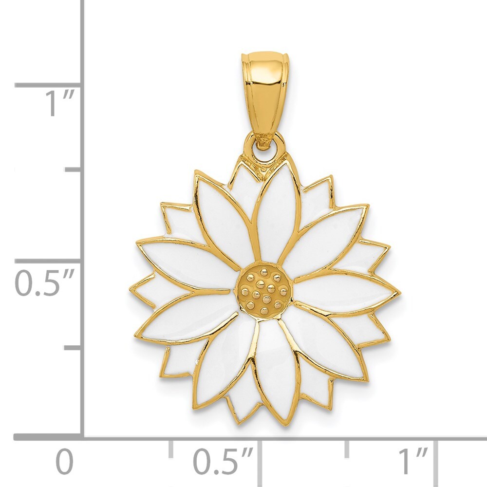 14k Yellow Gold Enameled White Daisy Flower Pendant for Women