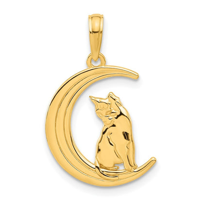 14k Yellow Gold Polished Cat Sitting On Moon Pendant for Women