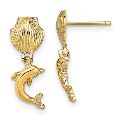 14k Yellow Gold Dolphin Dangle From Mini Scallop Earrings