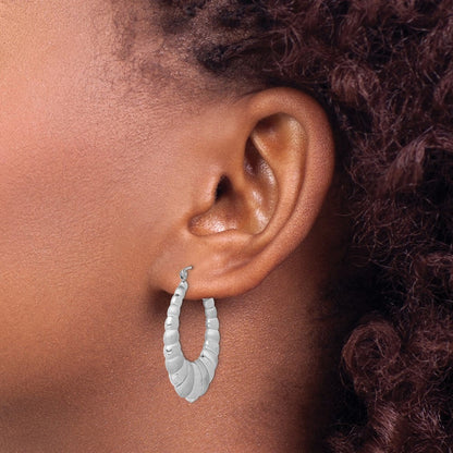 Sterling Silver Rhodium-plated Satin & Diamond-Cut Shrimp Oval Hoop Earrings