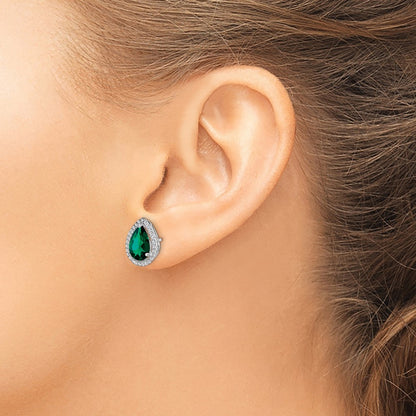 Sterling Silver Rhodium Simulated Emerald & CZ Earrings