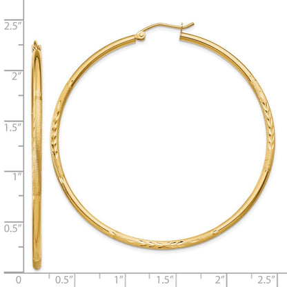 14k Yellow Gold Satin and Diamond-cut 2mm Round Tube Hoop Earrings