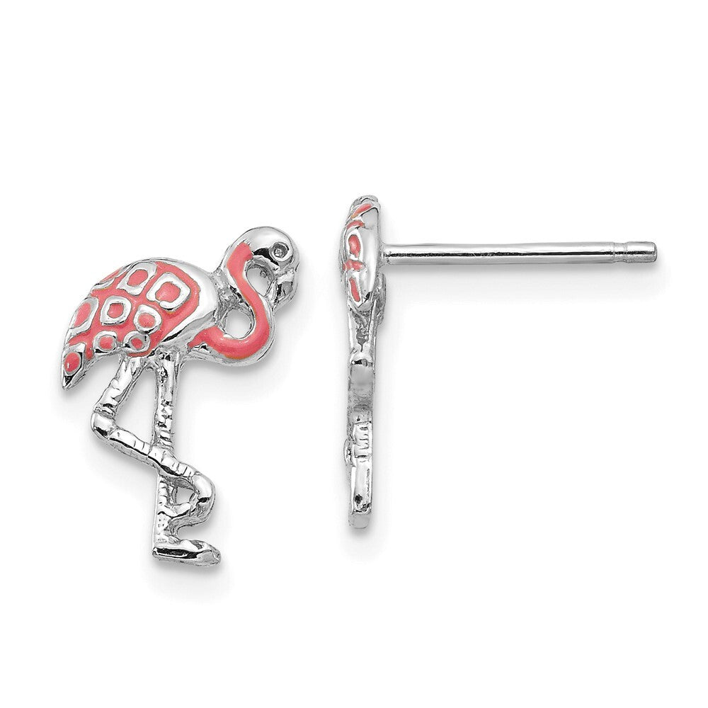 14K White Gold Pink Enameled Flamingo Stud Earrings Gift for Women