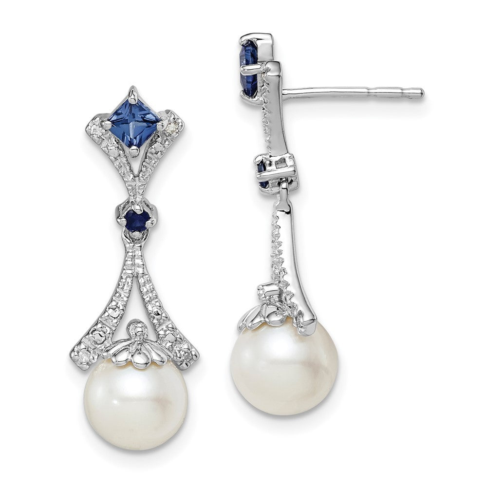 Sterling Silver Rhod Plated Diamond & Cultured Pearl Cr. Sapphire Earrings