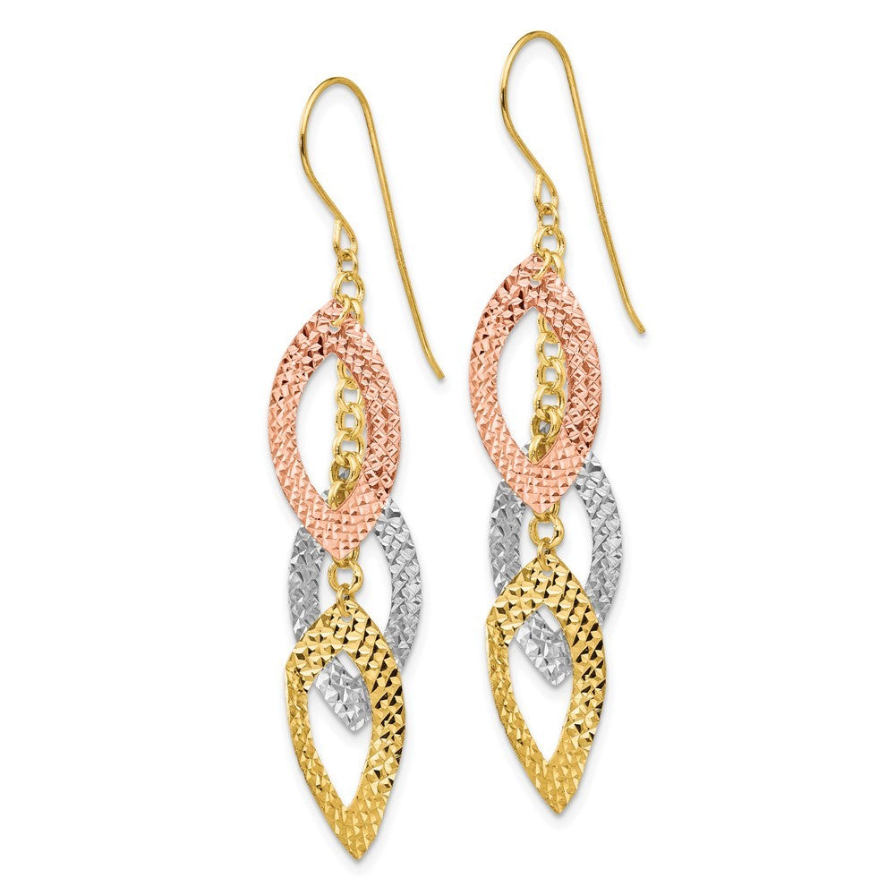14K Tri-color Diamond Cut Tear Drop Drop Dangle Earrings w/ Shepherd Hook