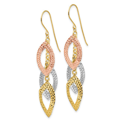 14K Tri-color Diamond Cut Tear Drop Drop Dangle Earrings w/ Shepherd Hook