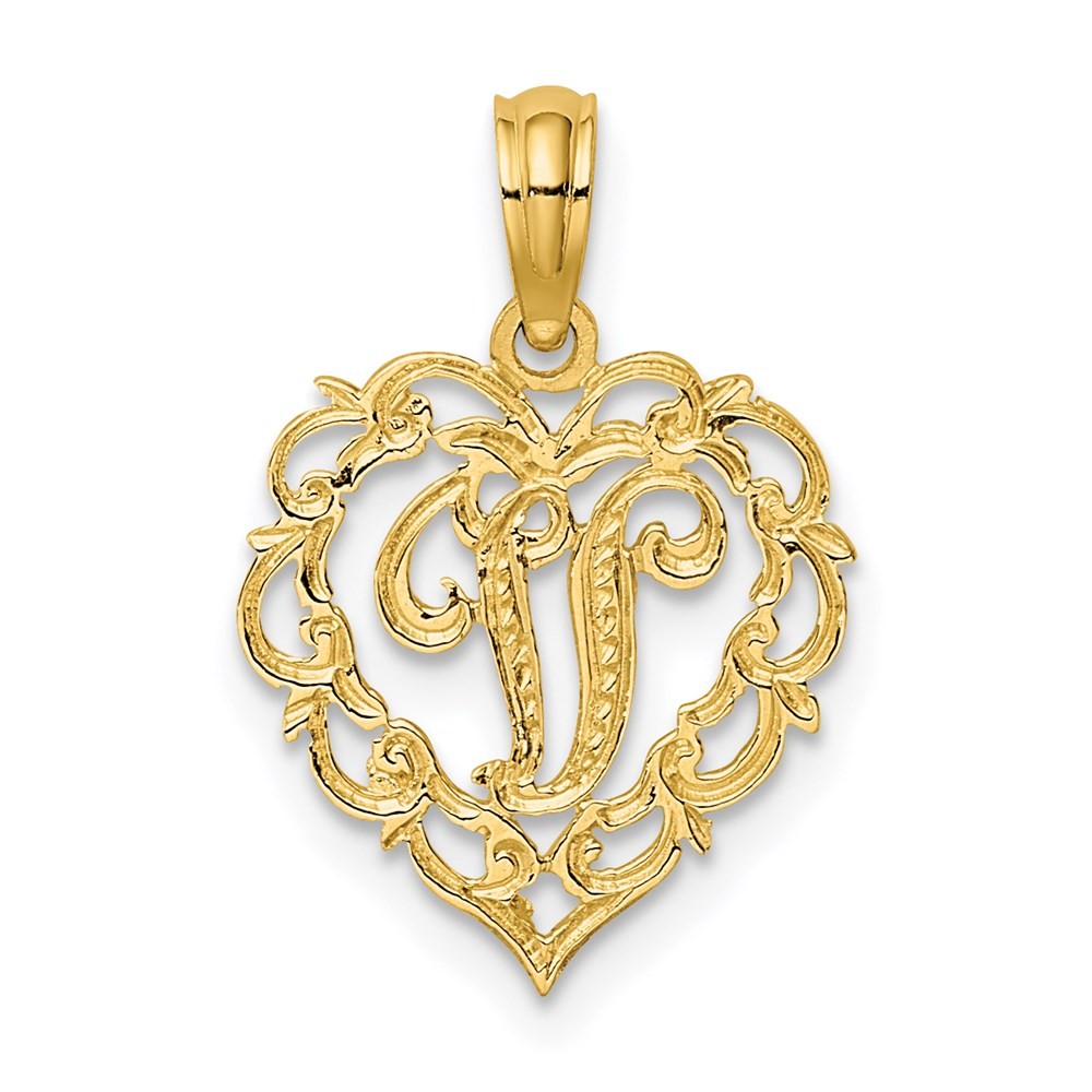14k Yellow Gold Heart Script Letter V Initial Charm