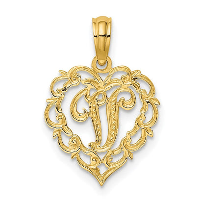 14k Yellow Gold Heart Script Letter V Initial Charm
