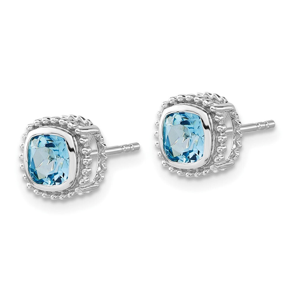 14k White Gold Cushion Blue Topaz Stud Earrings
