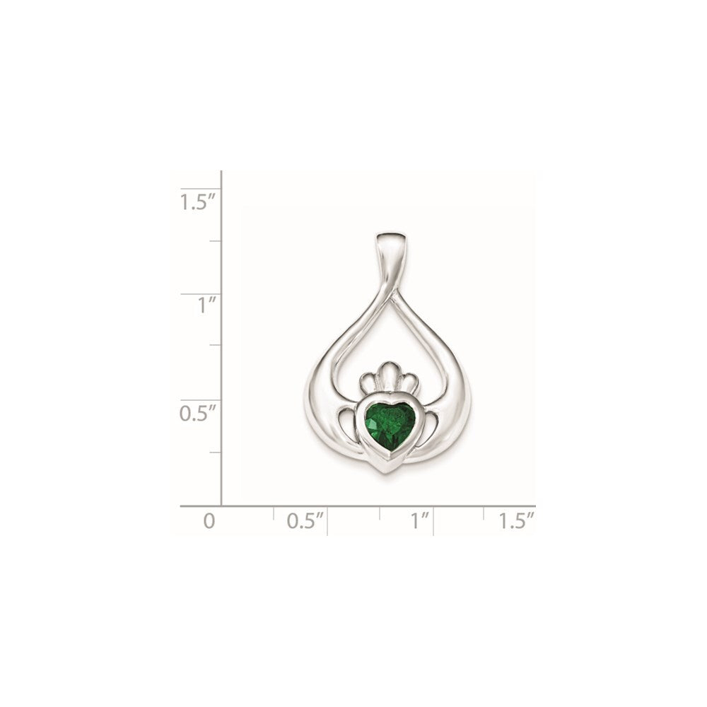 Sterling Silver Rhodium-plated Green Cubic Zirconia Heart Claddagh Pendant
