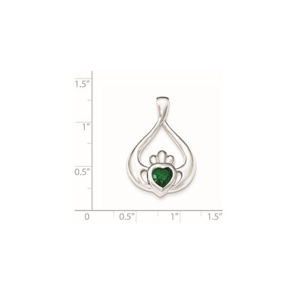 Sterling Silver Rhodium-plated Green Cubic Zirconia Heart Claddagh Pendant