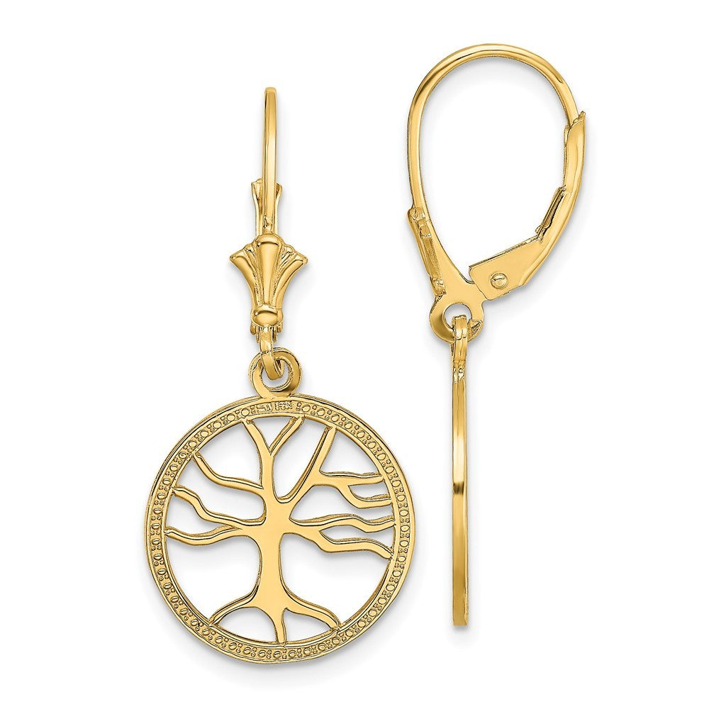14k Yellow Gold Tree of Life In Round Frame Drop Dangle Earrings