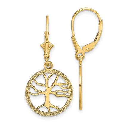 14k Yellow Gold Tree of Life In Round Frame Drop Dangle Earrings